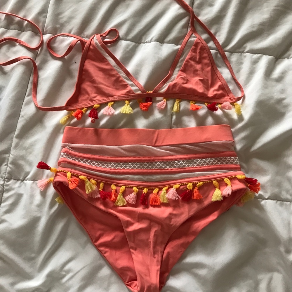 Tularosa Coral Tassel High-Waist Bikini Set